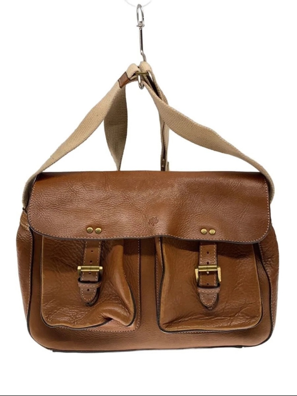 Mulberry Brown Leather Shoulder Bag with Cream Canvas Strap